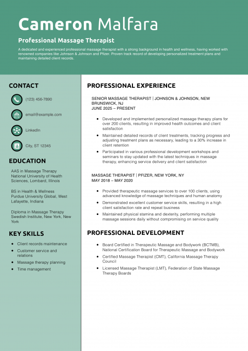 Professional Massage Therapist Resume Example