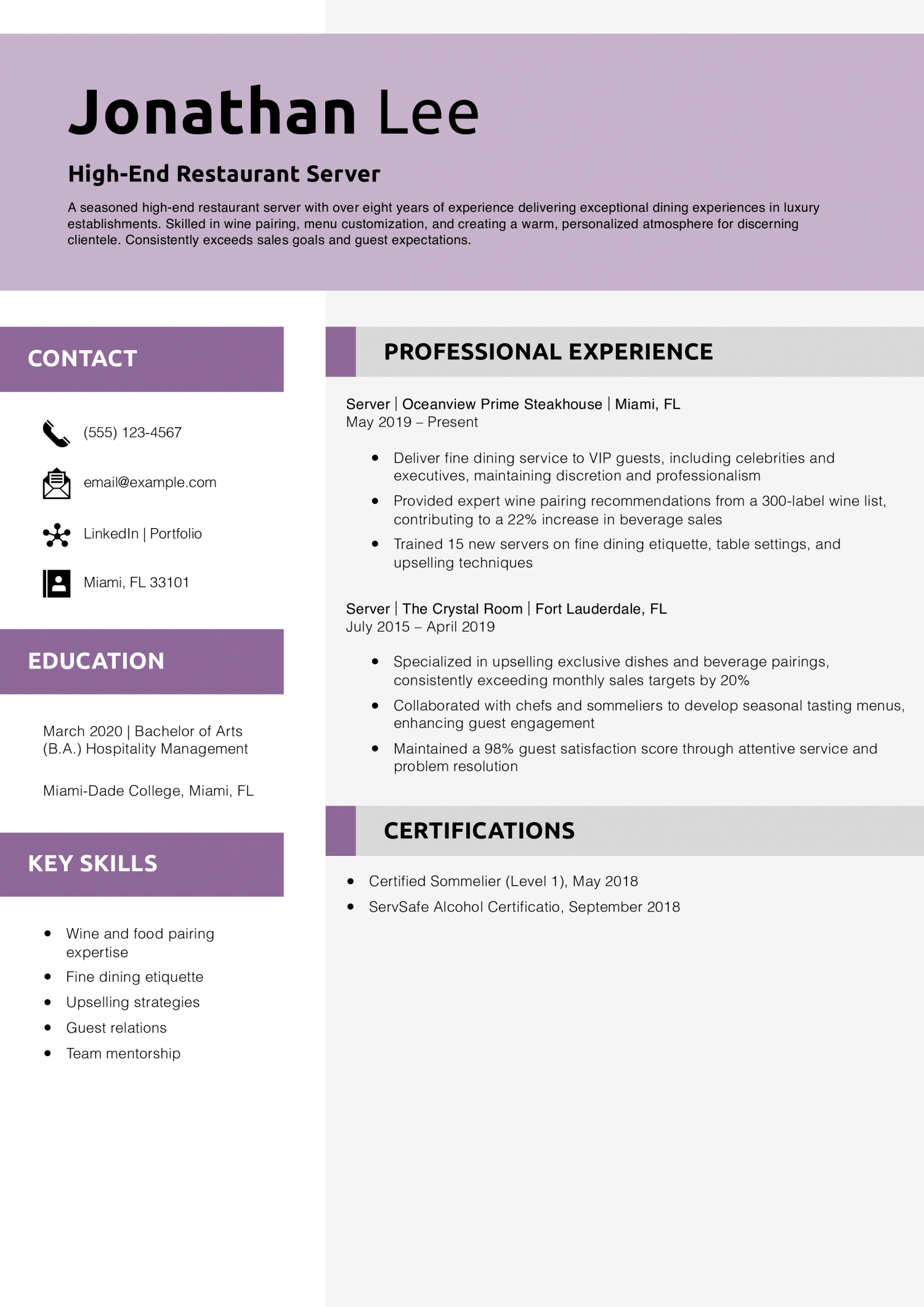 High-End Restaurant Server Resume Example
