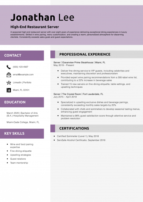 High-End Restaurant Server Resume Example