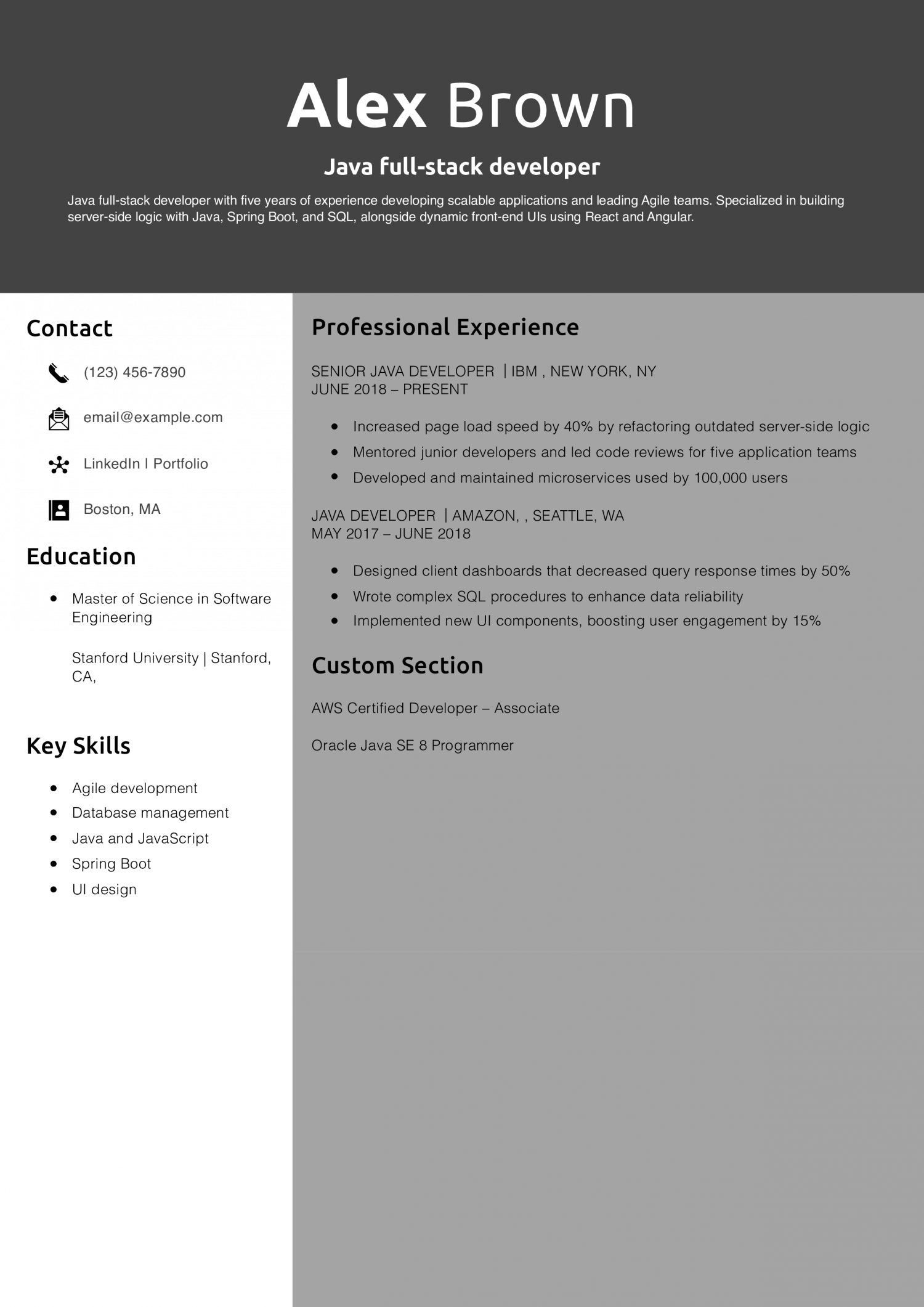 Java full-stack developer resume example 