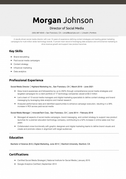 Director of Social Media Resume Example