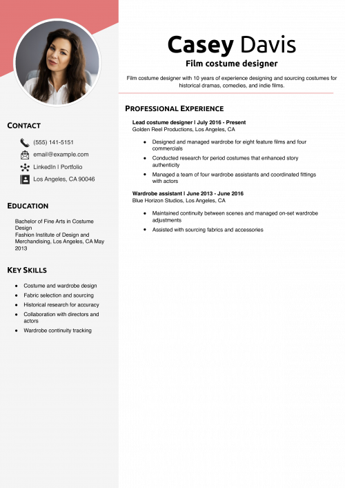 Film costume designer resume example