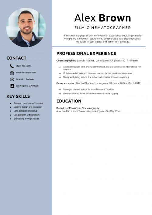 Film cinematographer resume example