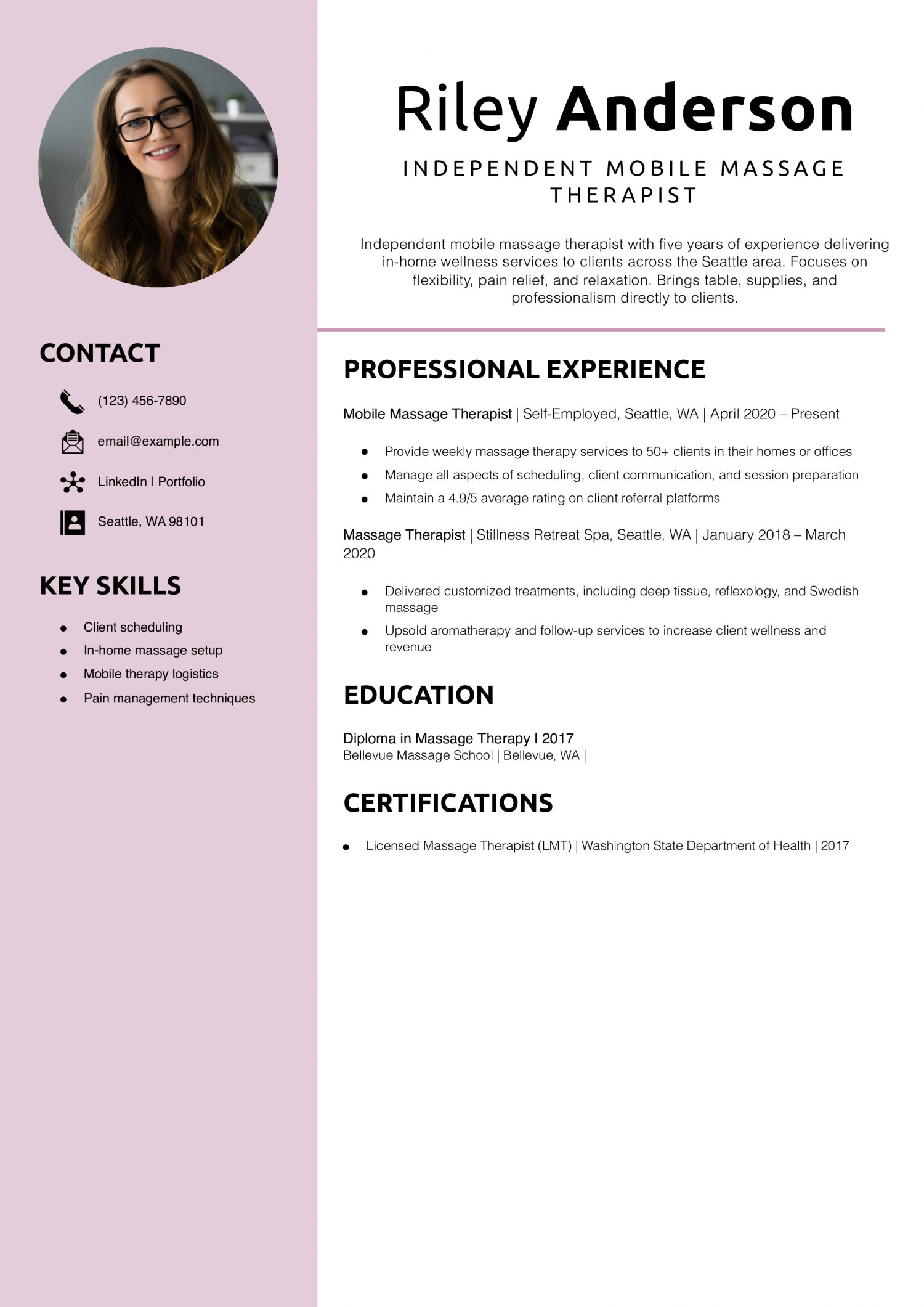 Independent mobile massage therapist resume