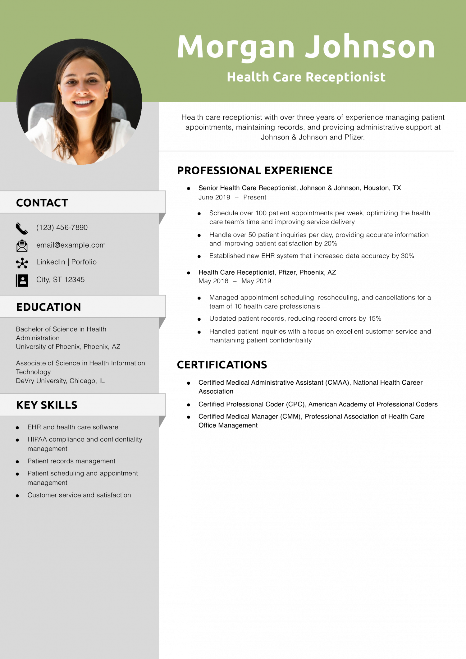 Health Care Receptionist Resume Example