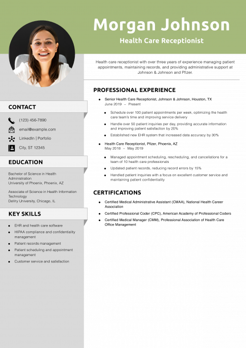 Health Care Receptionist Resume Example
