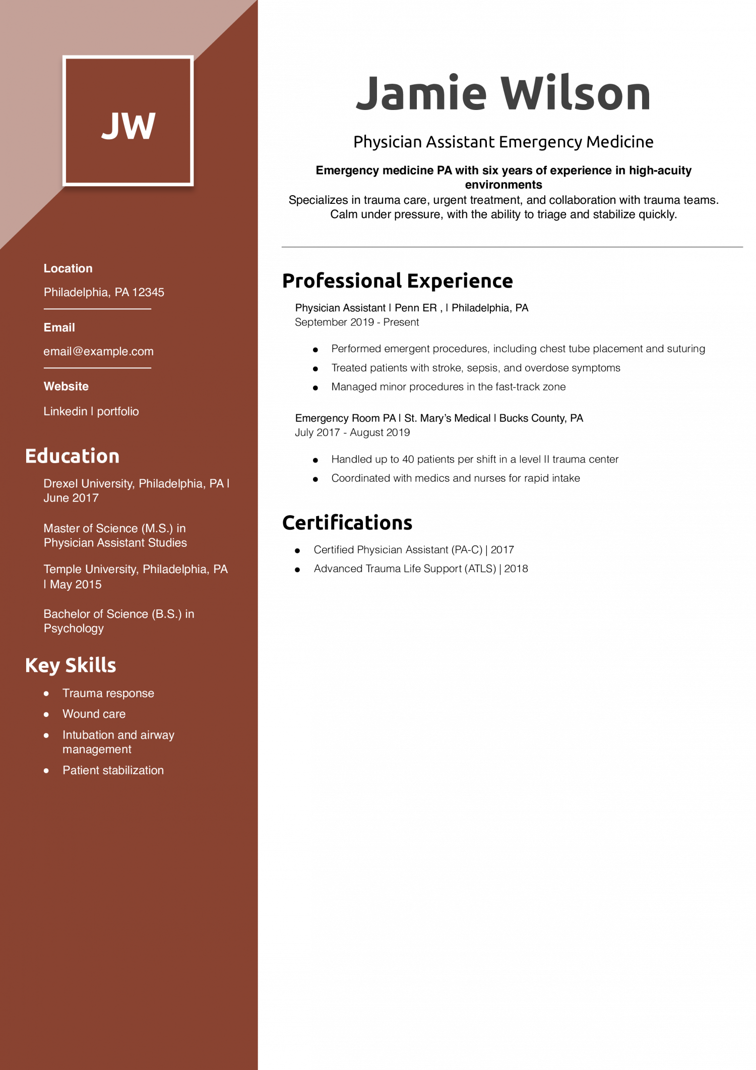 Physician Assistant Emergency Medicine Resume Example
