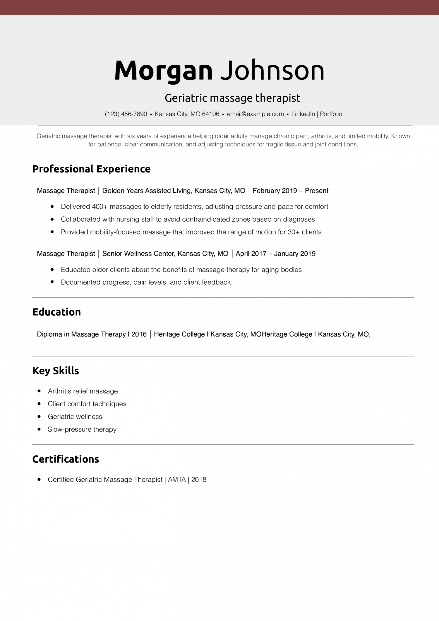 Geriatric massage therapist resume
