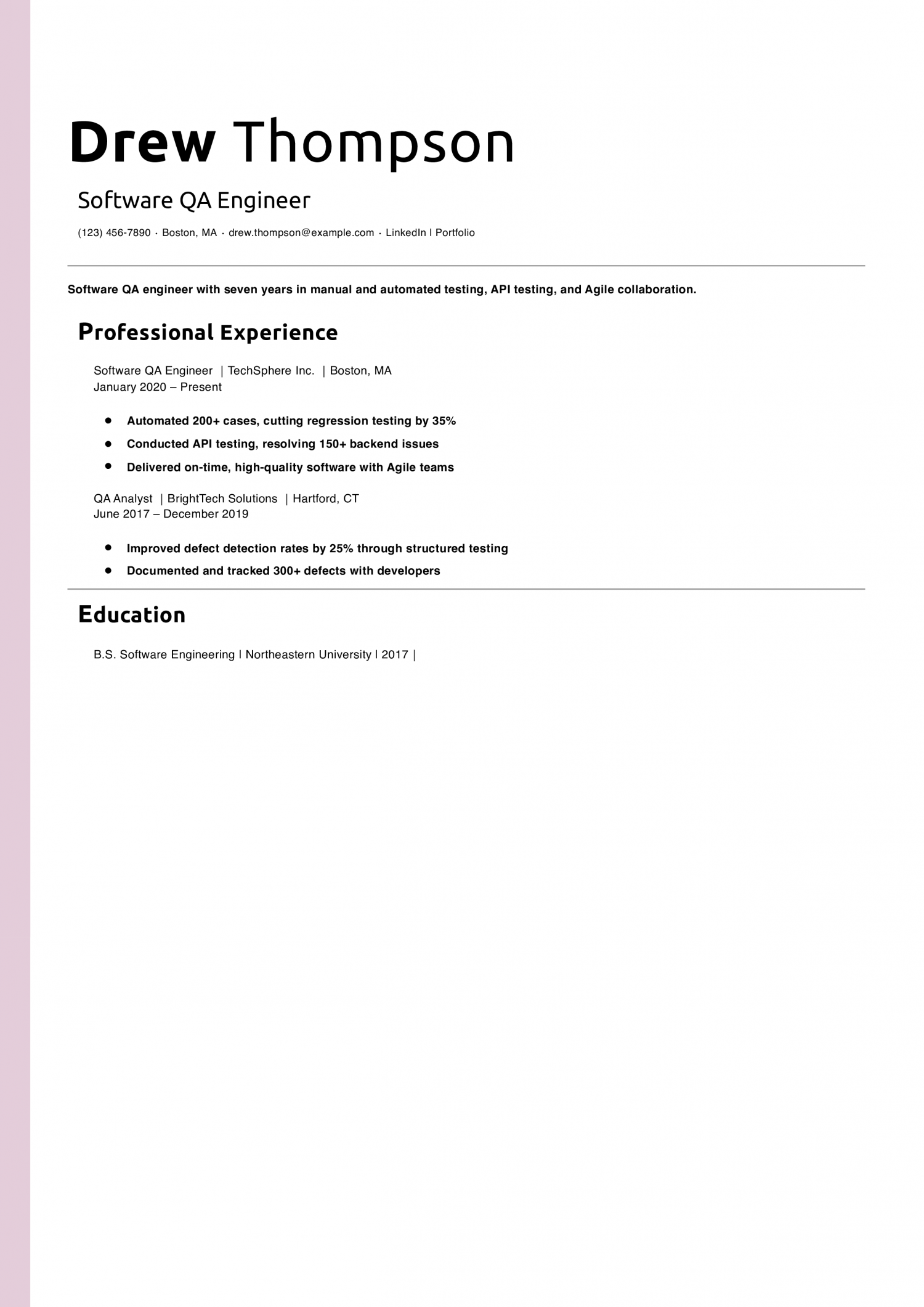 Software QA Engineer Resume Example