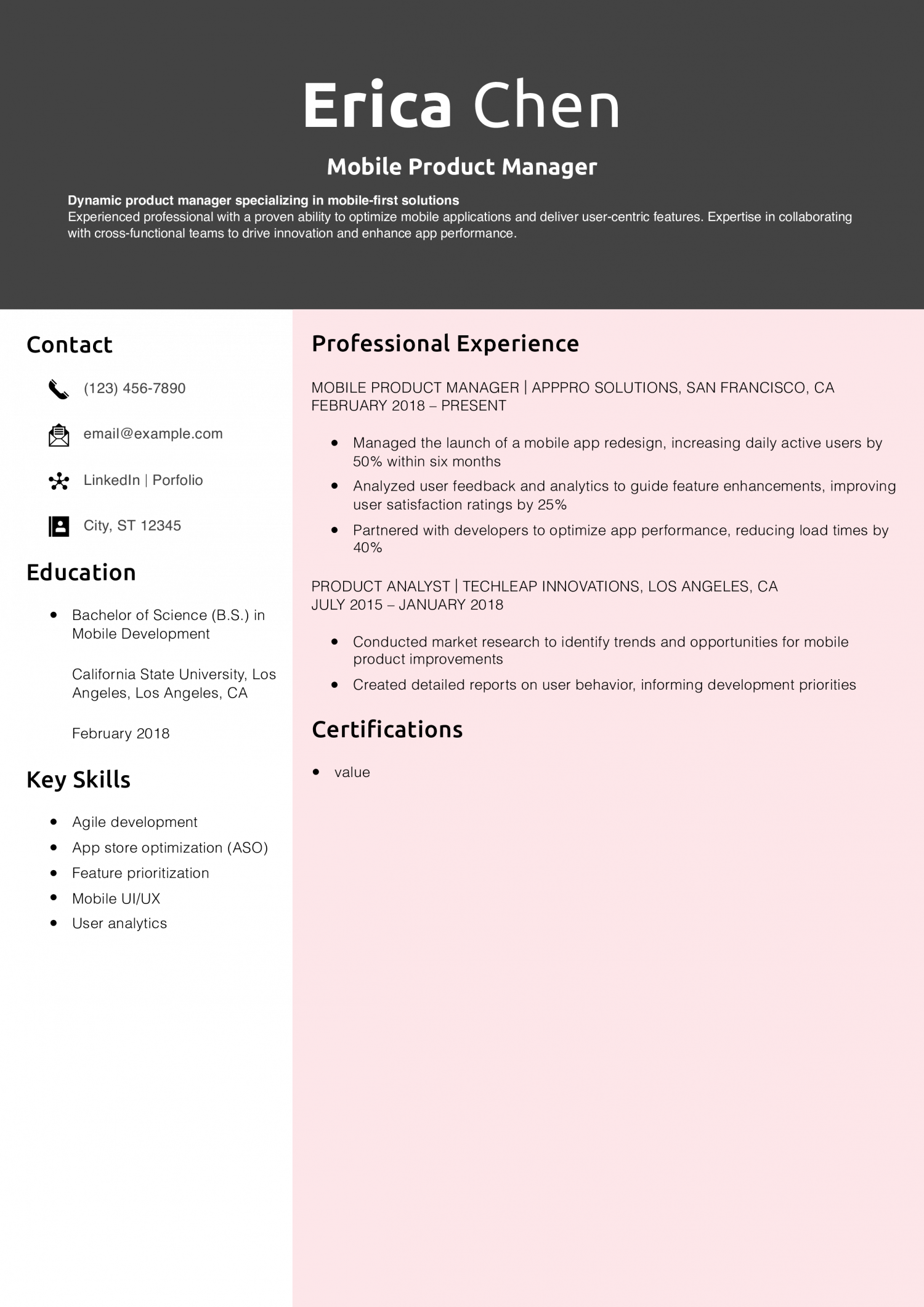 Mobile Product Manager Resume Example