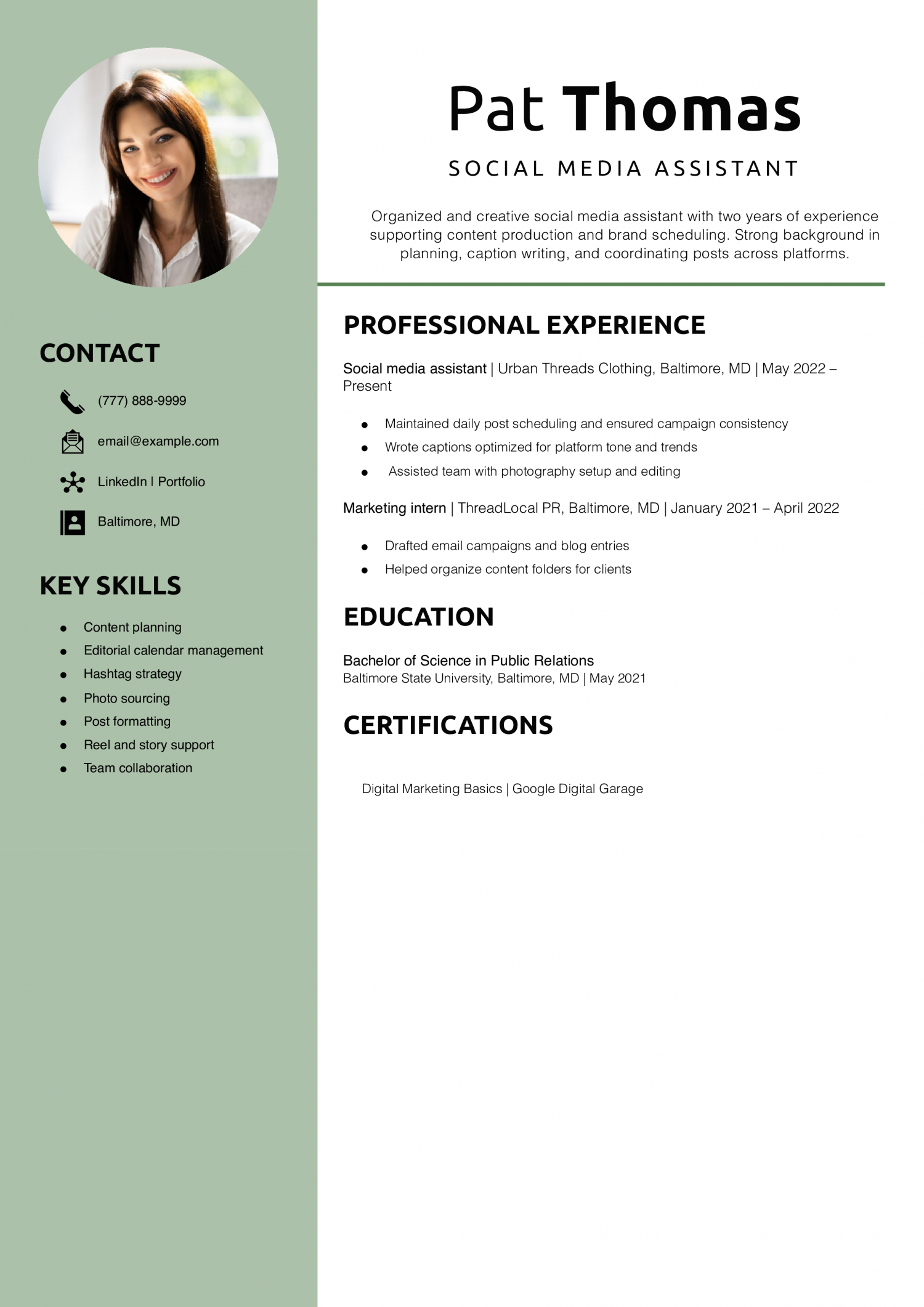 Social Media Assistant Resume Example