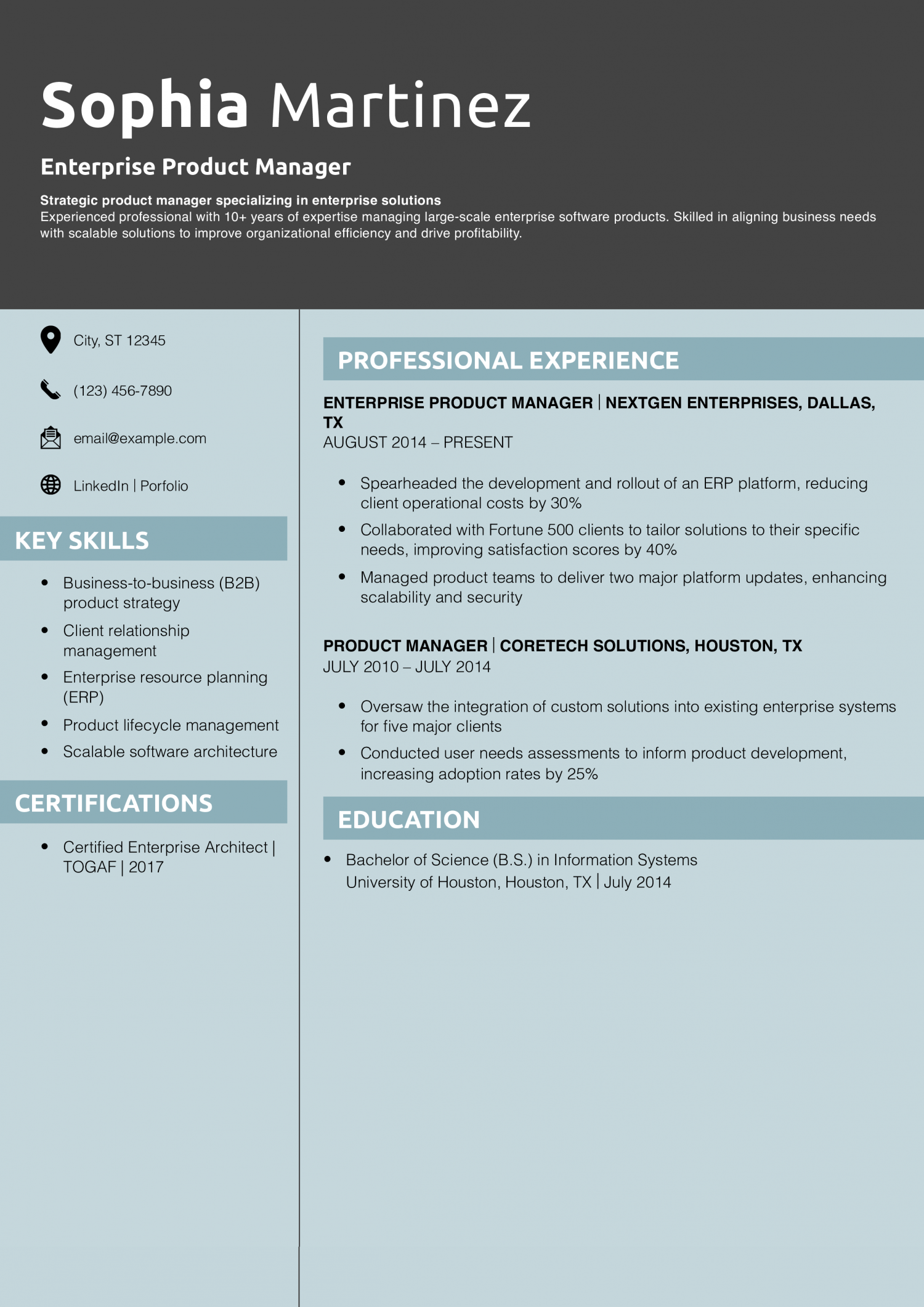 Enterprise Product Manager Resume Example