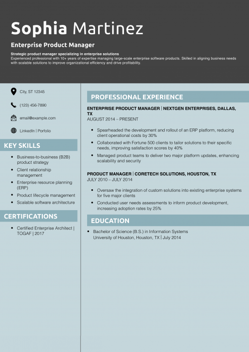 Enterprise Product Manager Resume Example