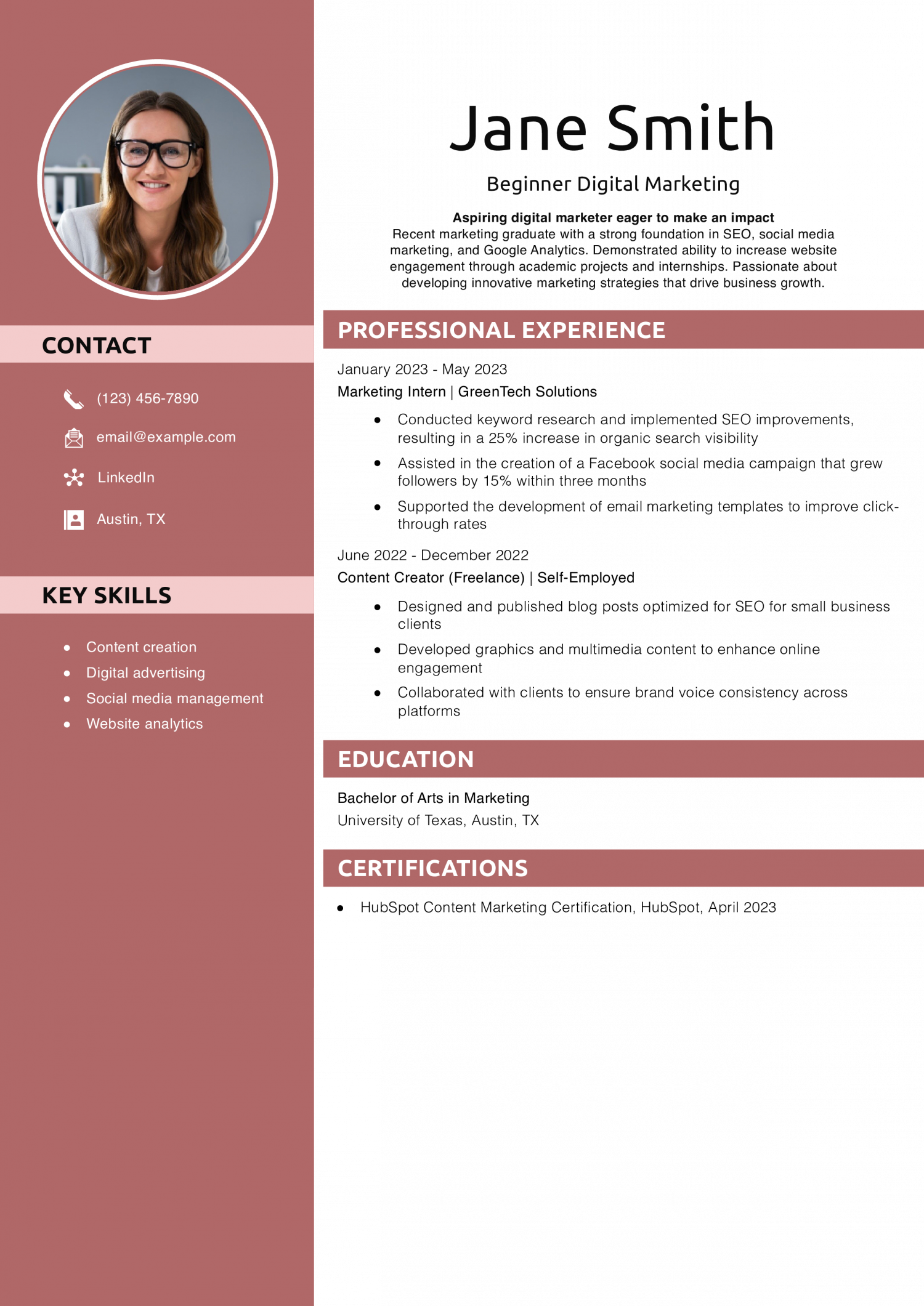 Beginner Digital Marketing Resume