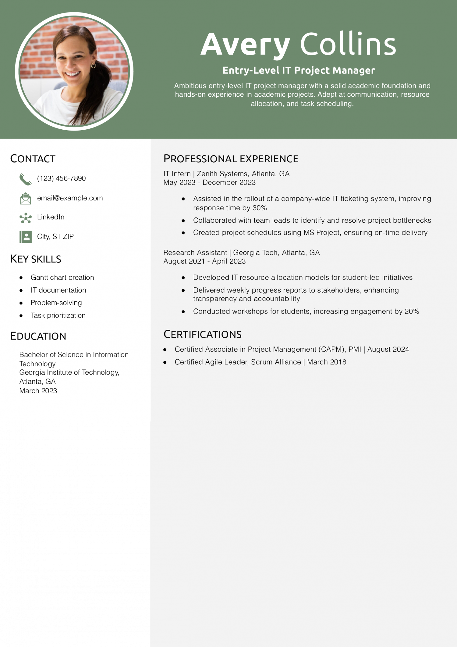 Entry-Level IT Project Manager Resume Example