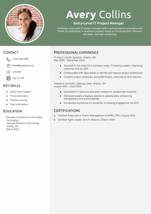 Entry-Level IT Project Manager Resume Example