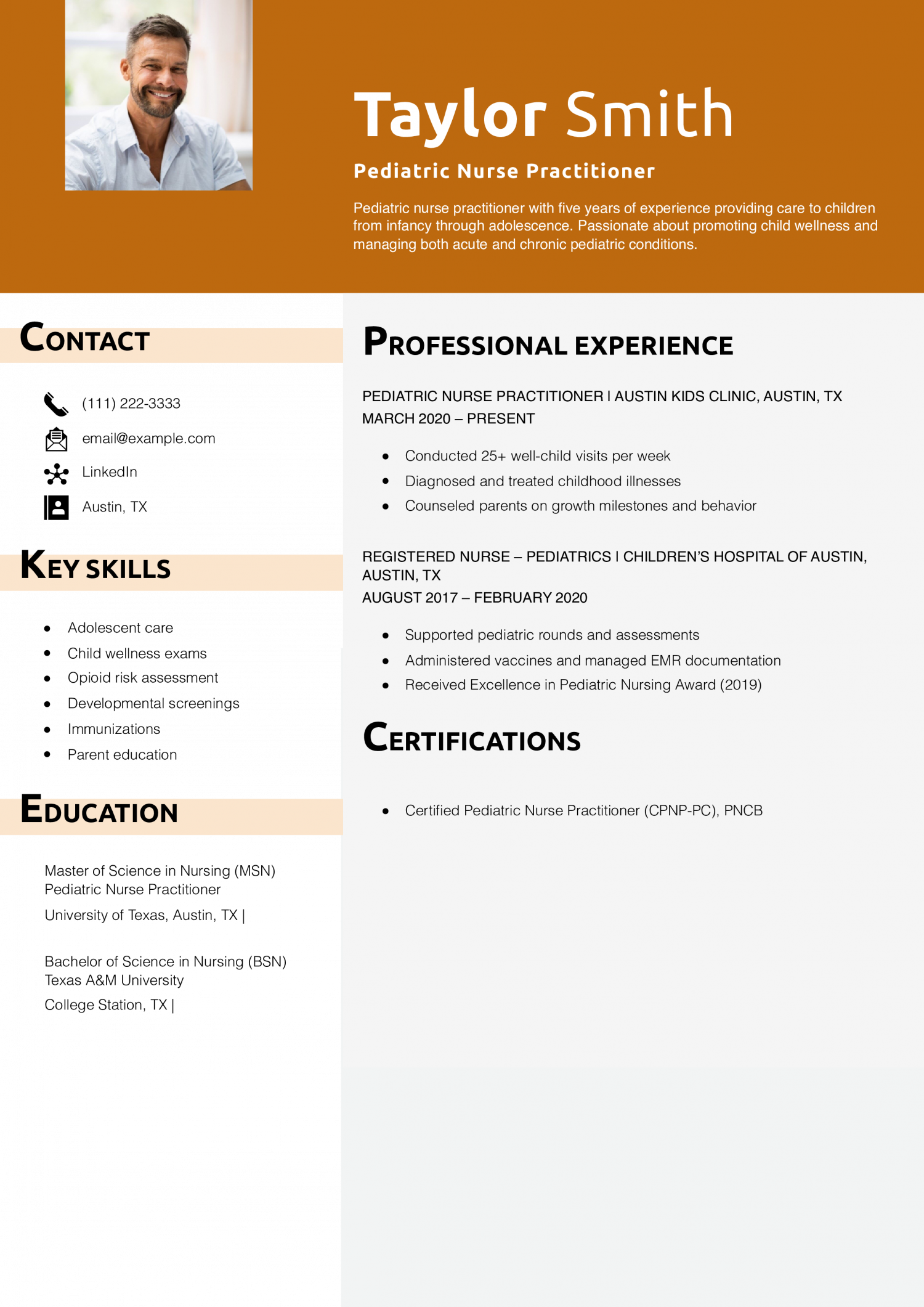 Pediatric Nurse Practitioner Resume Example