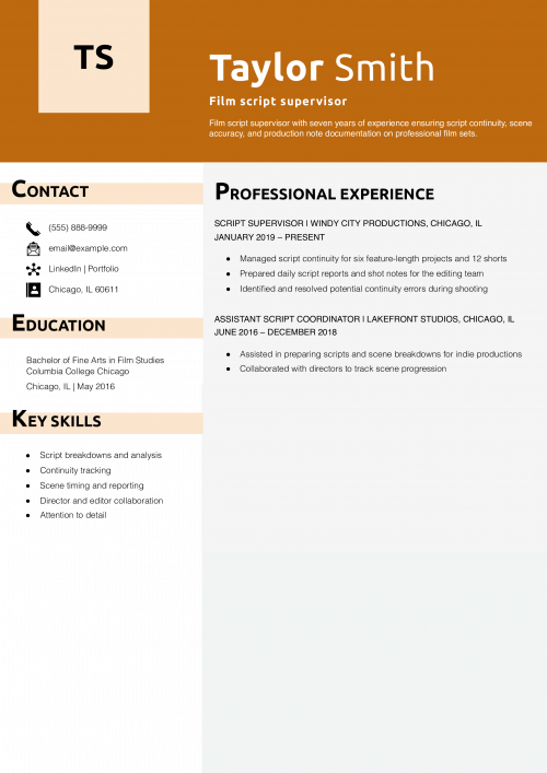 Film script supervisor resume example
