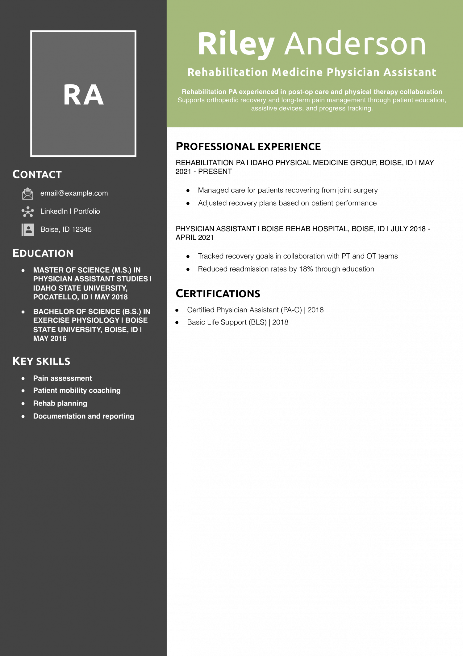 Rehabilitation Medicine Physician Assistant Resume Example