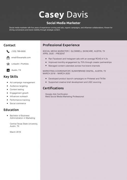 Social Media Marketer Resume Example
