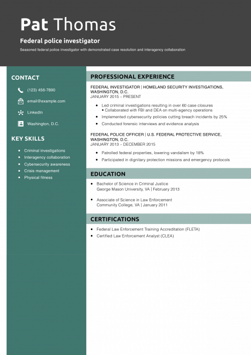 Federal police investigator resume example