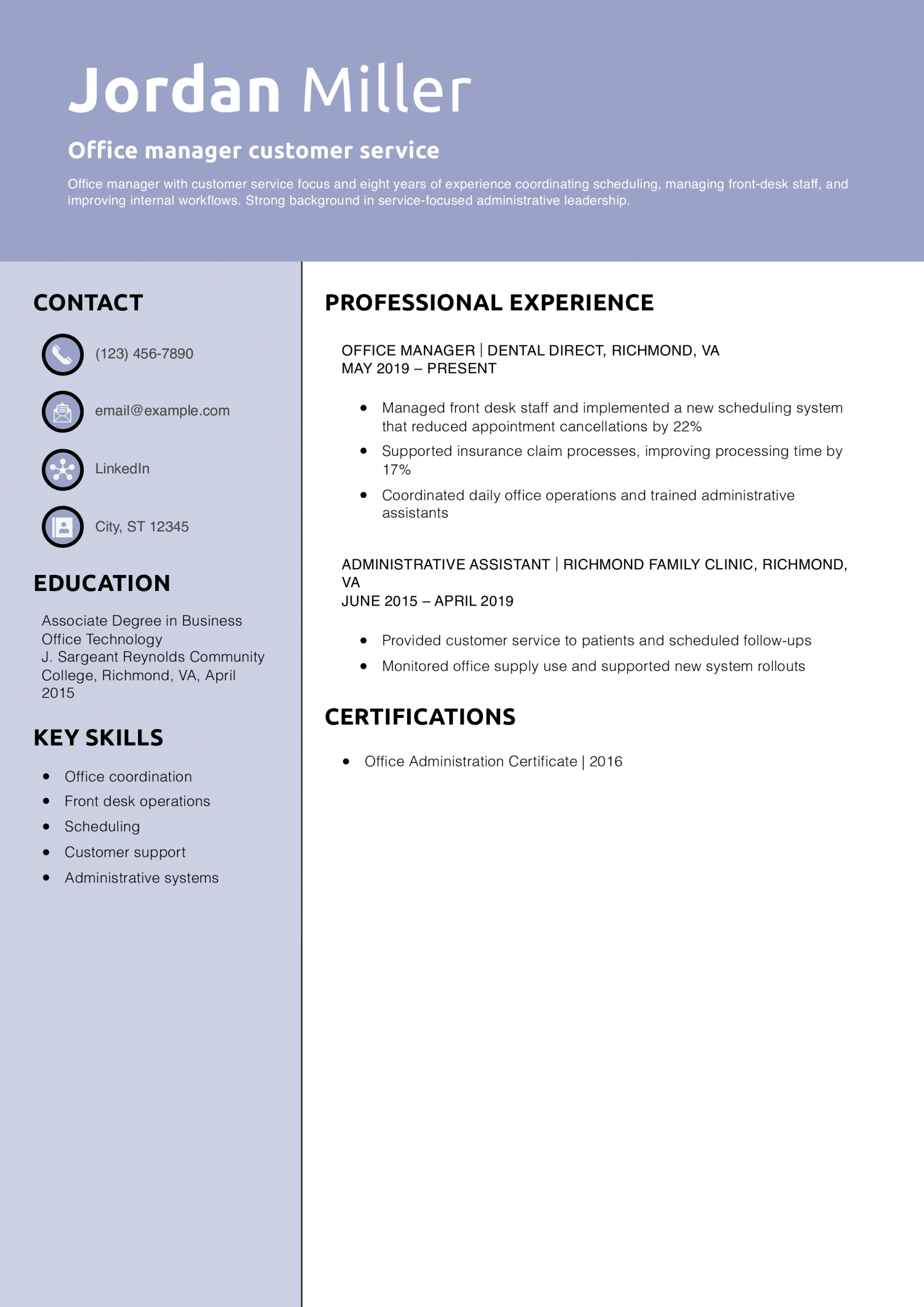 Office manager customer service resume example