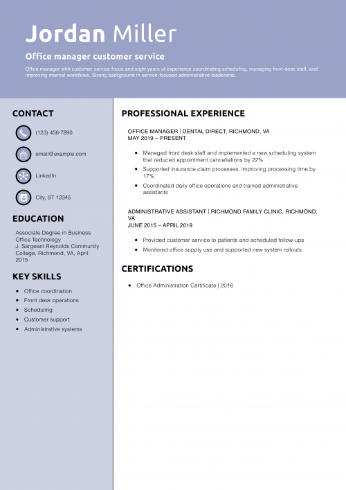 Office manager customer service resume example