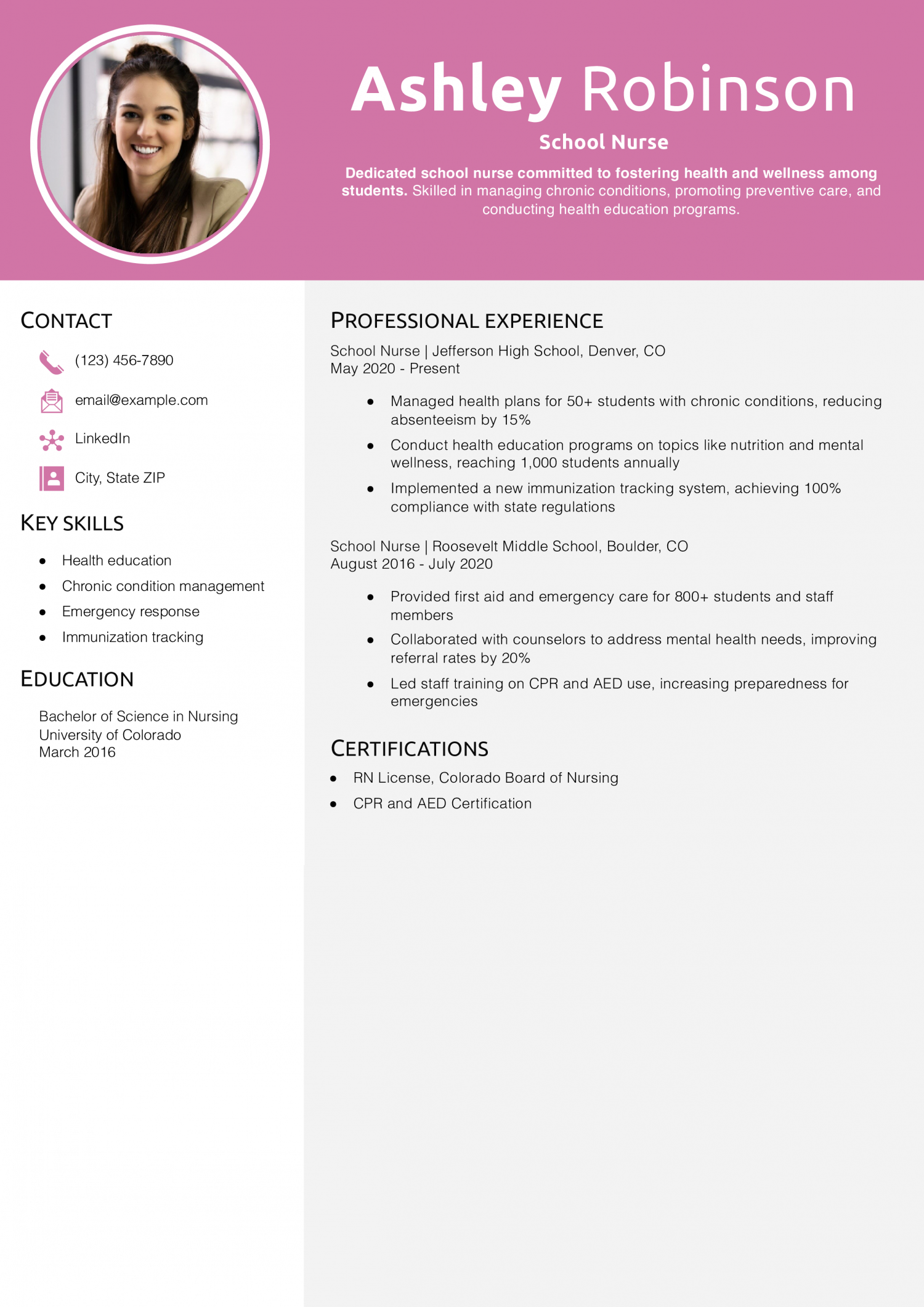 School Nurse Resume Example