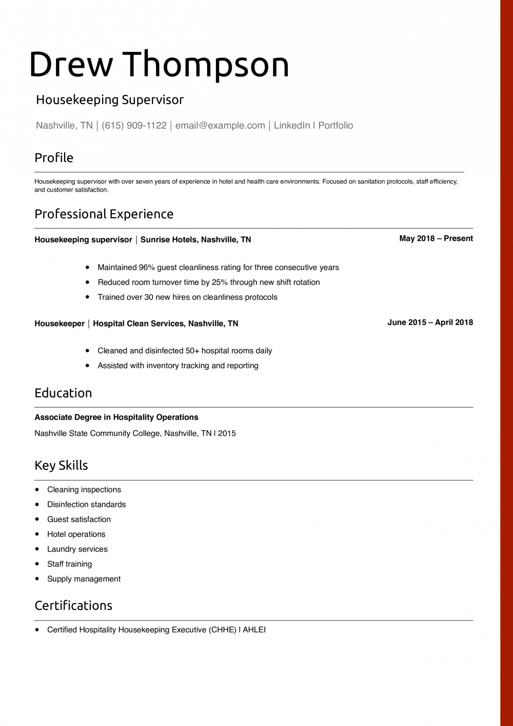 Housekeeping Supervisor Resume Example 