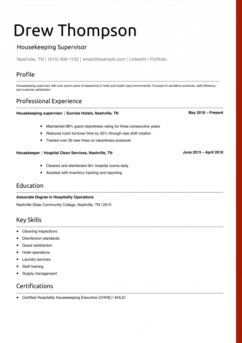 Housekeeping Supervisor Resume Example 