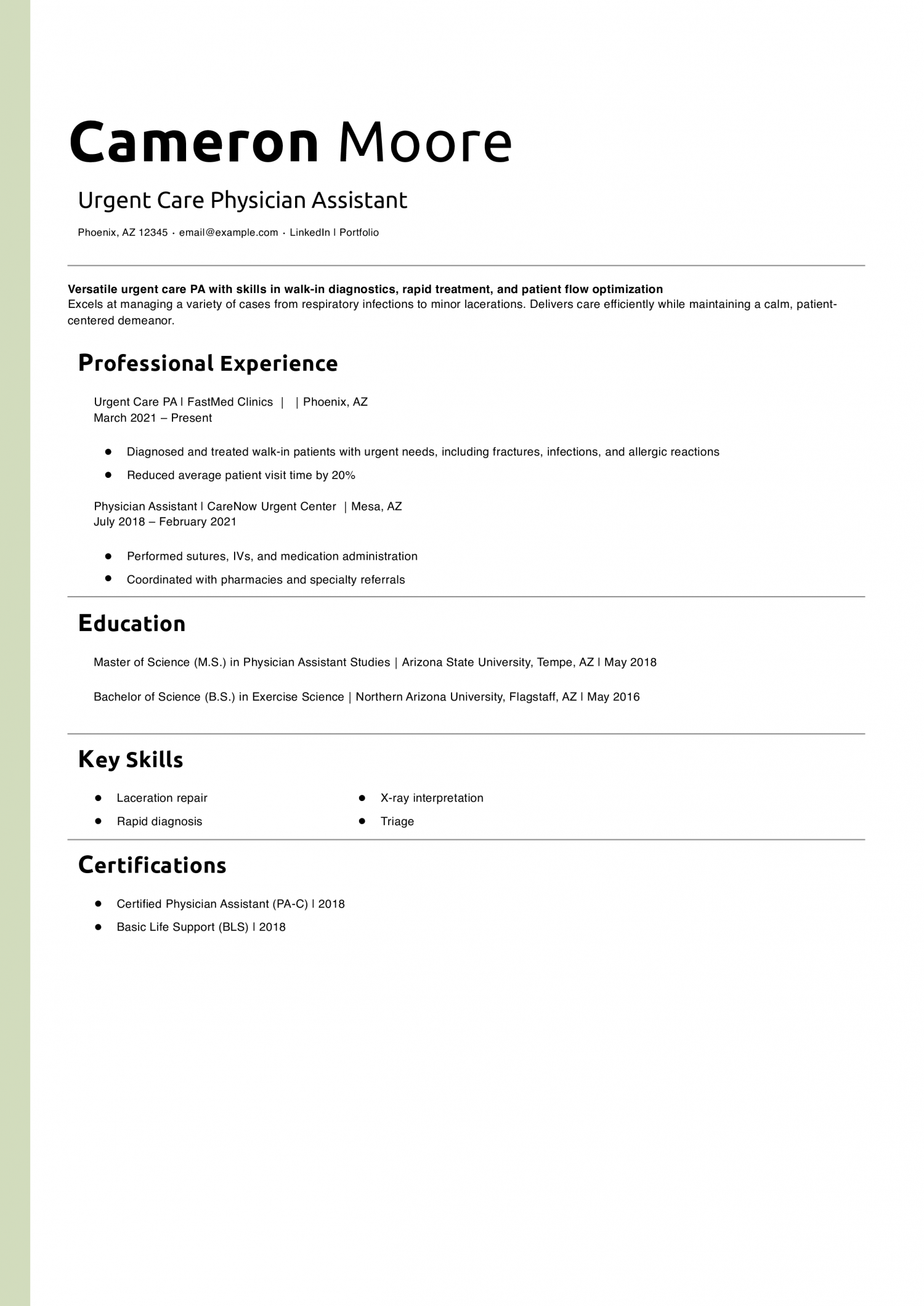 Urgent Care Physician Assistant Resume Example
