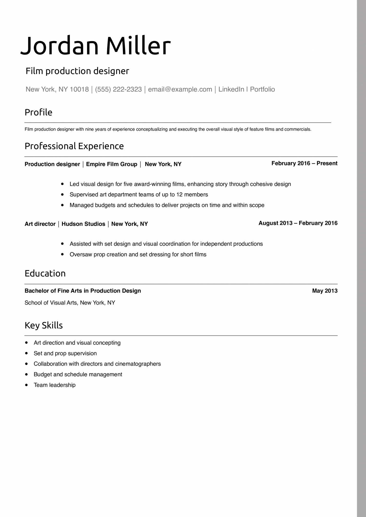 Film production designer resume example