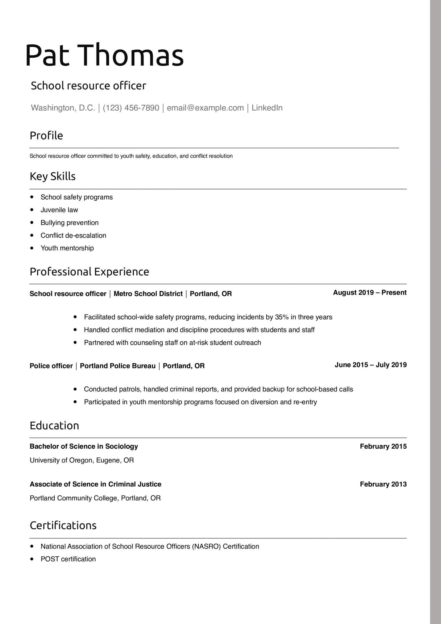 School resource officer resume example