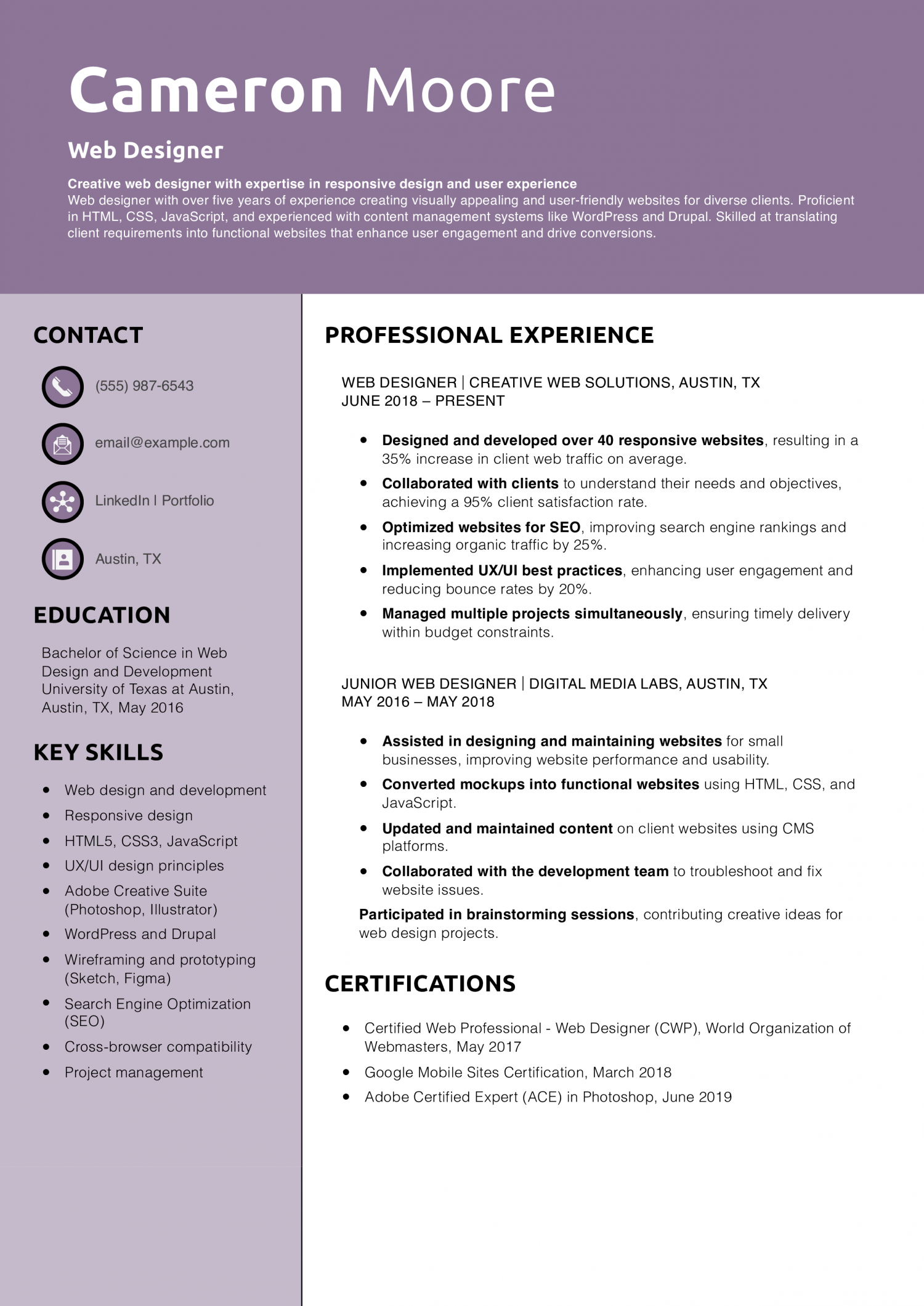 Web Designer Resume Example