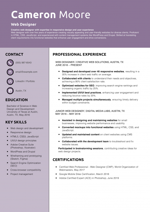 Web Designer Resume Example