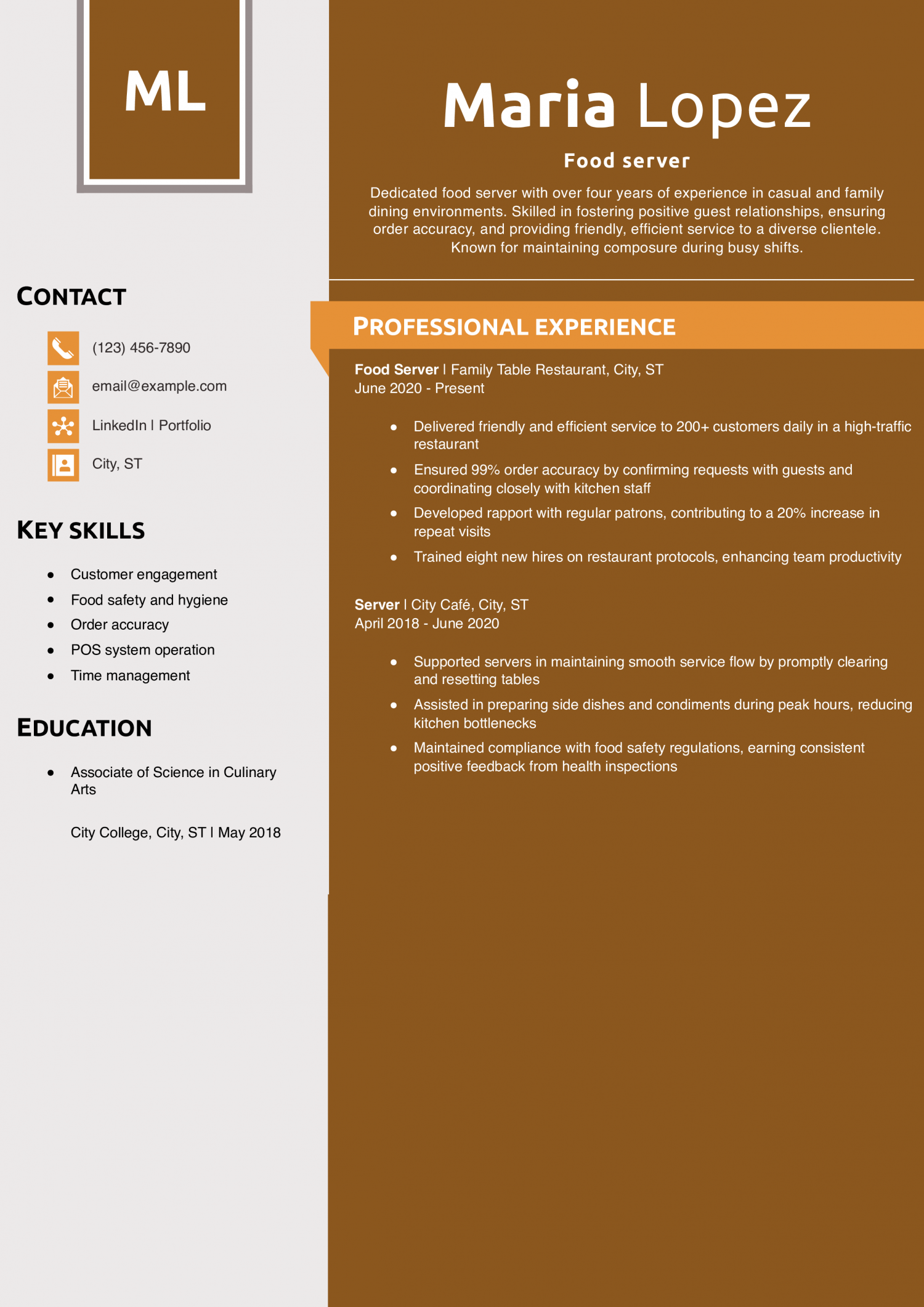 Food server resume example