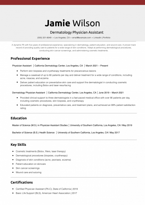 Dermatology Physician Assistant Resume Example 