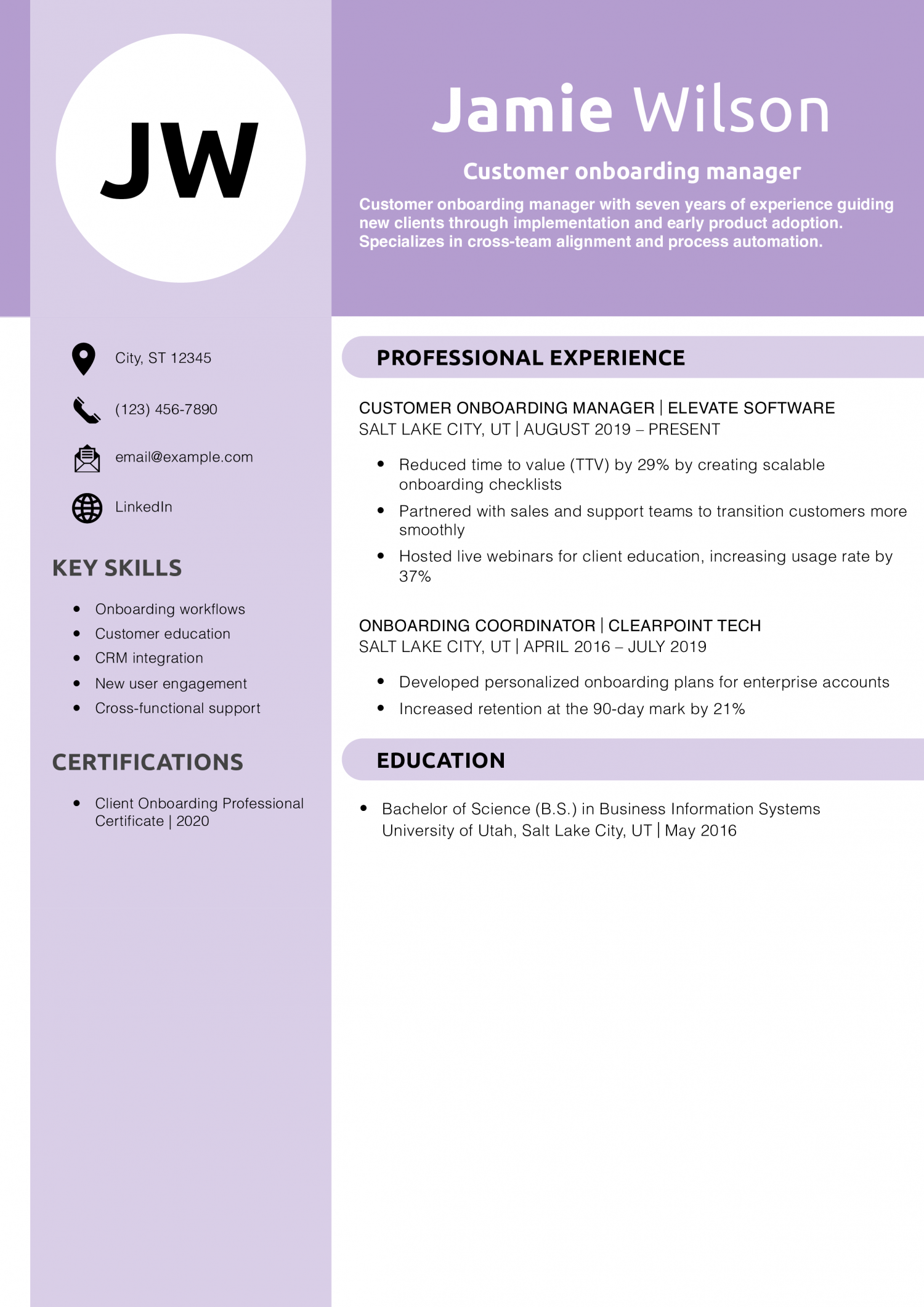 Customer onboarding manager resume example