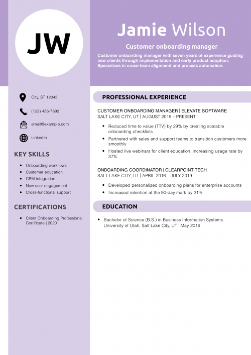 Customer onboarding manager resume example
