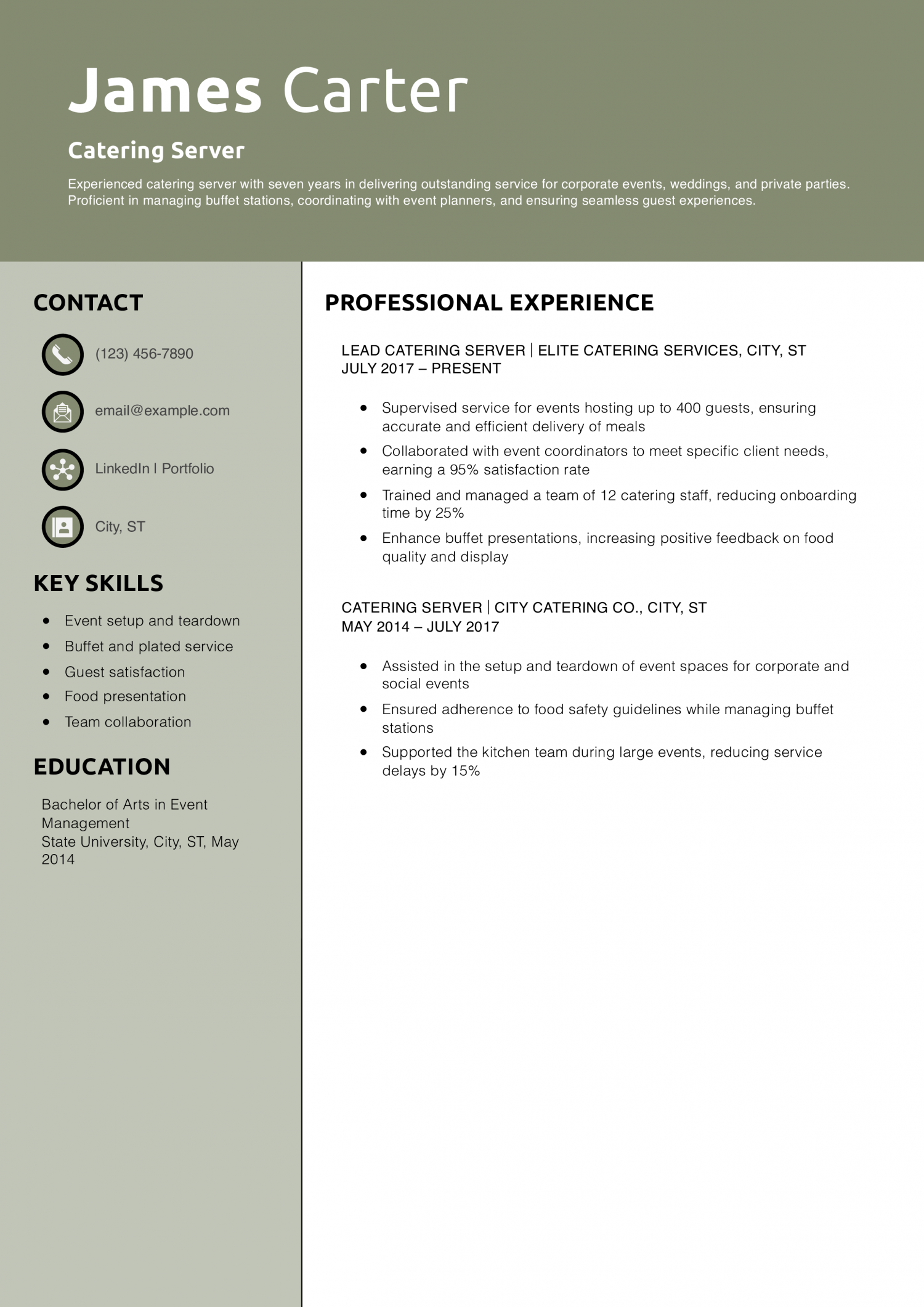 Catering Server Resume Example