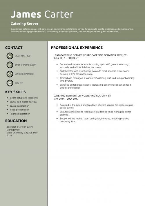 Catering Server Resume Example