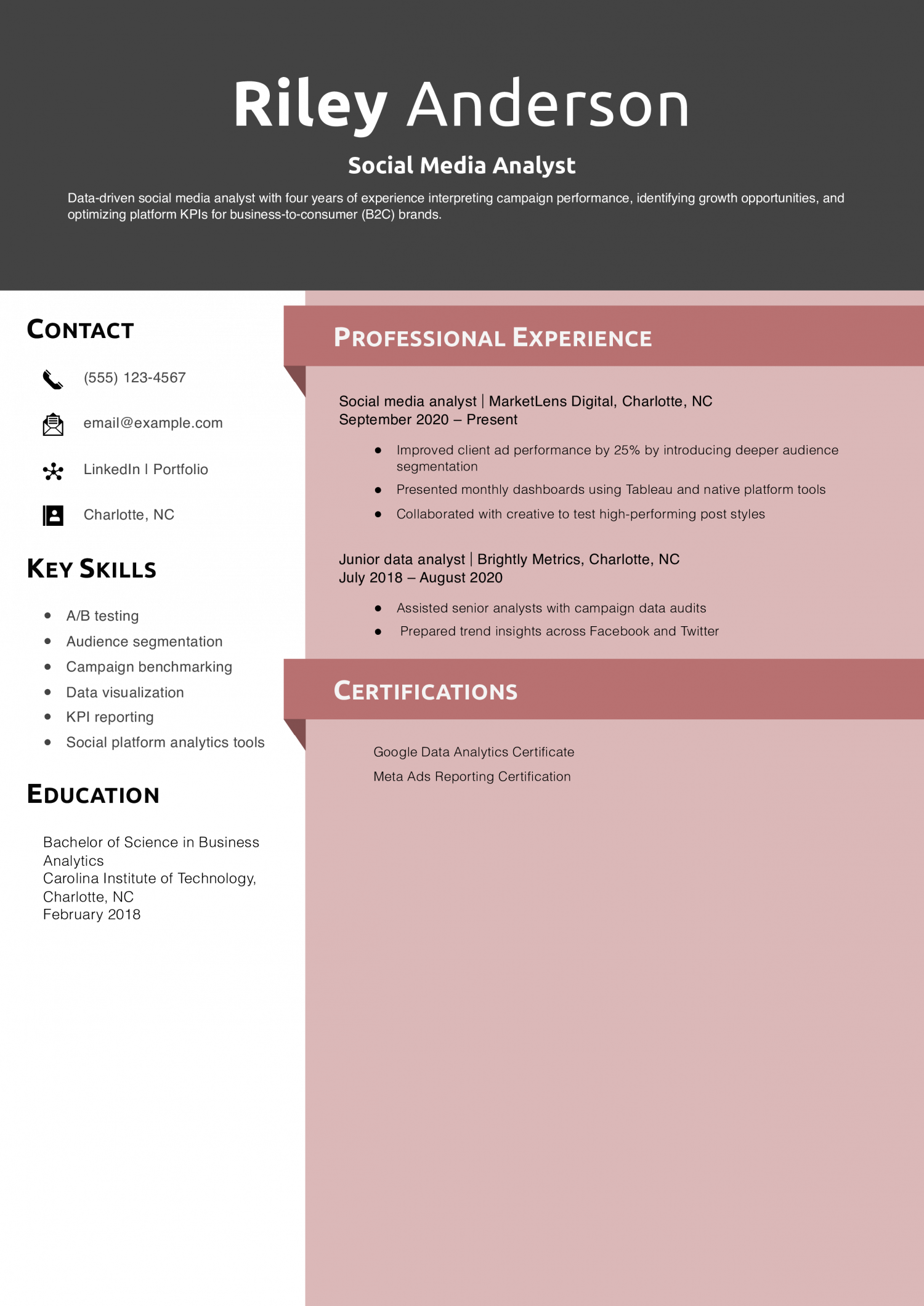 Social Media Analyst Resume Example