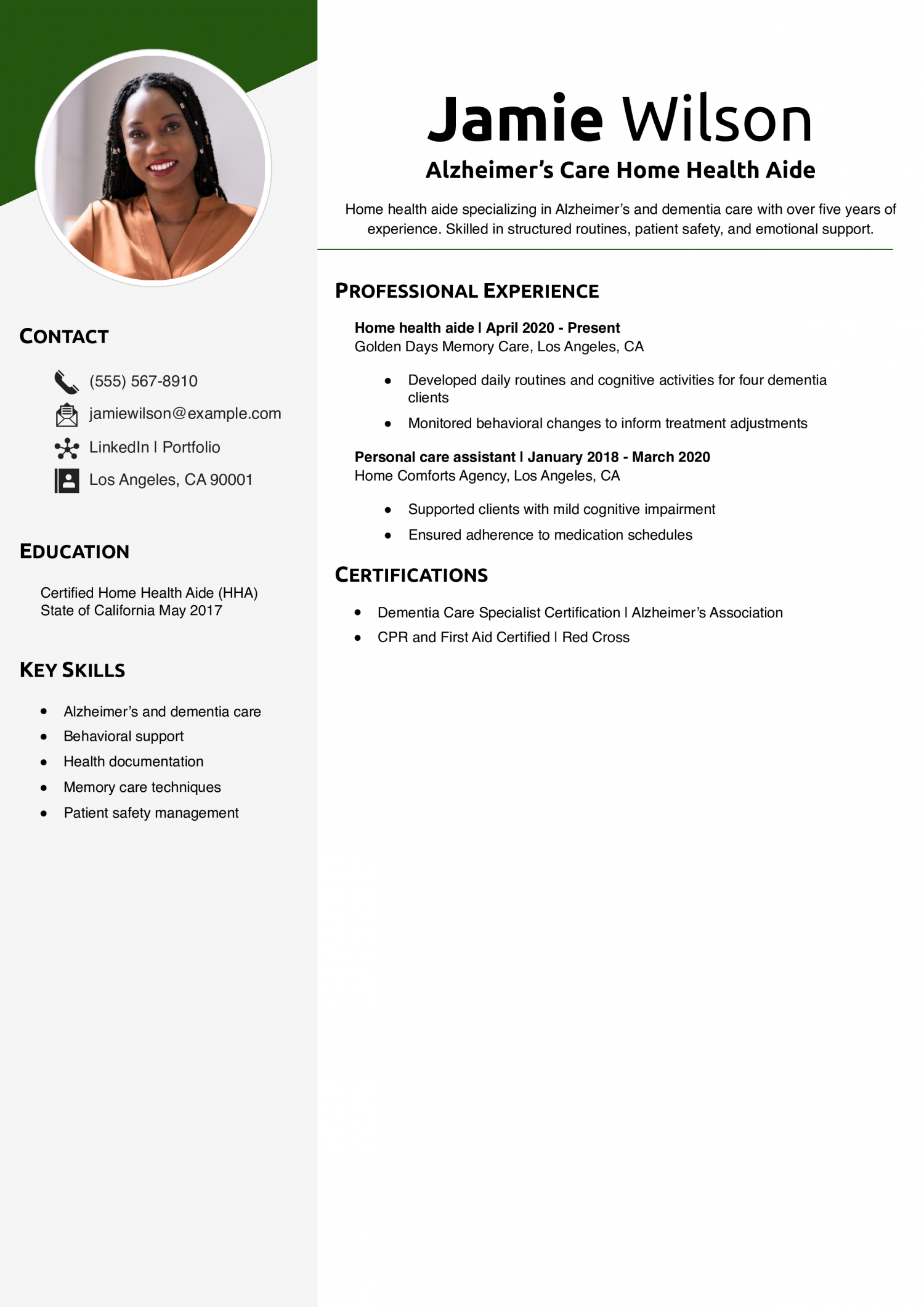 Alzheimer’s Care Home Health Aide Resume Example