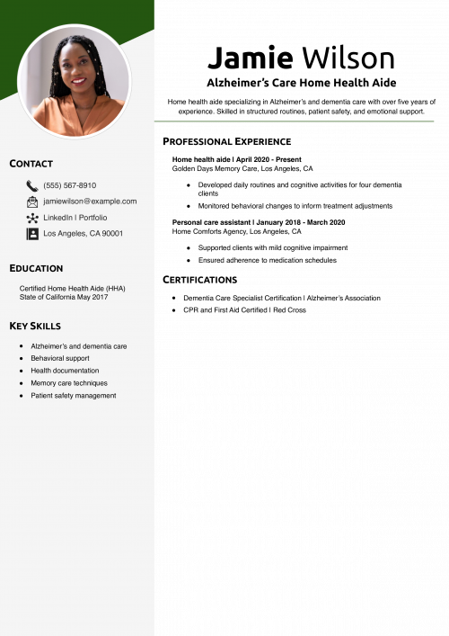 Alzheimer’s Care Home Health Aide Resume Example