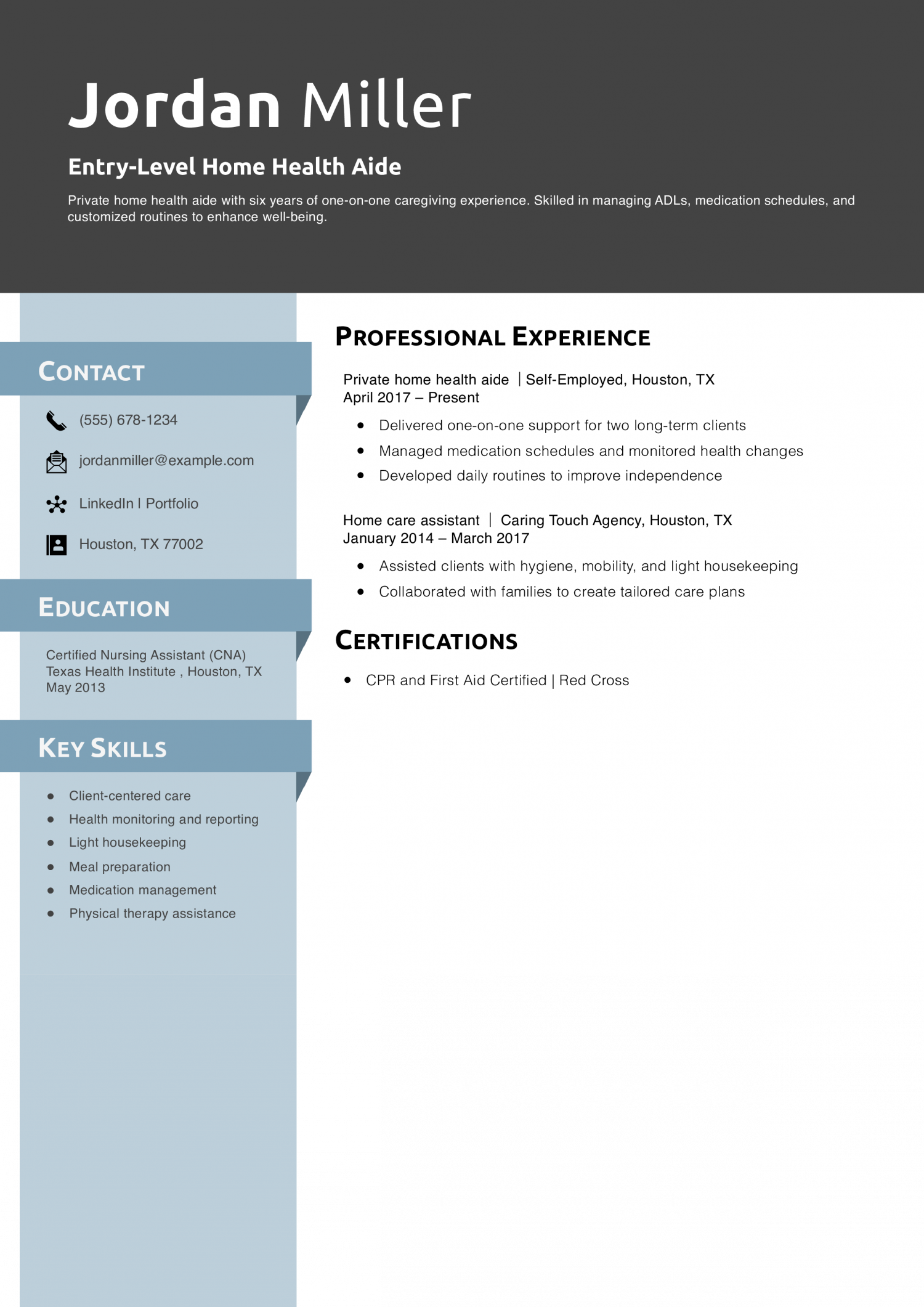 Private Home Health Aide Resume Example