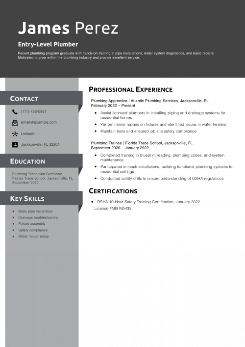 Entry-Level Plumber Resume Example