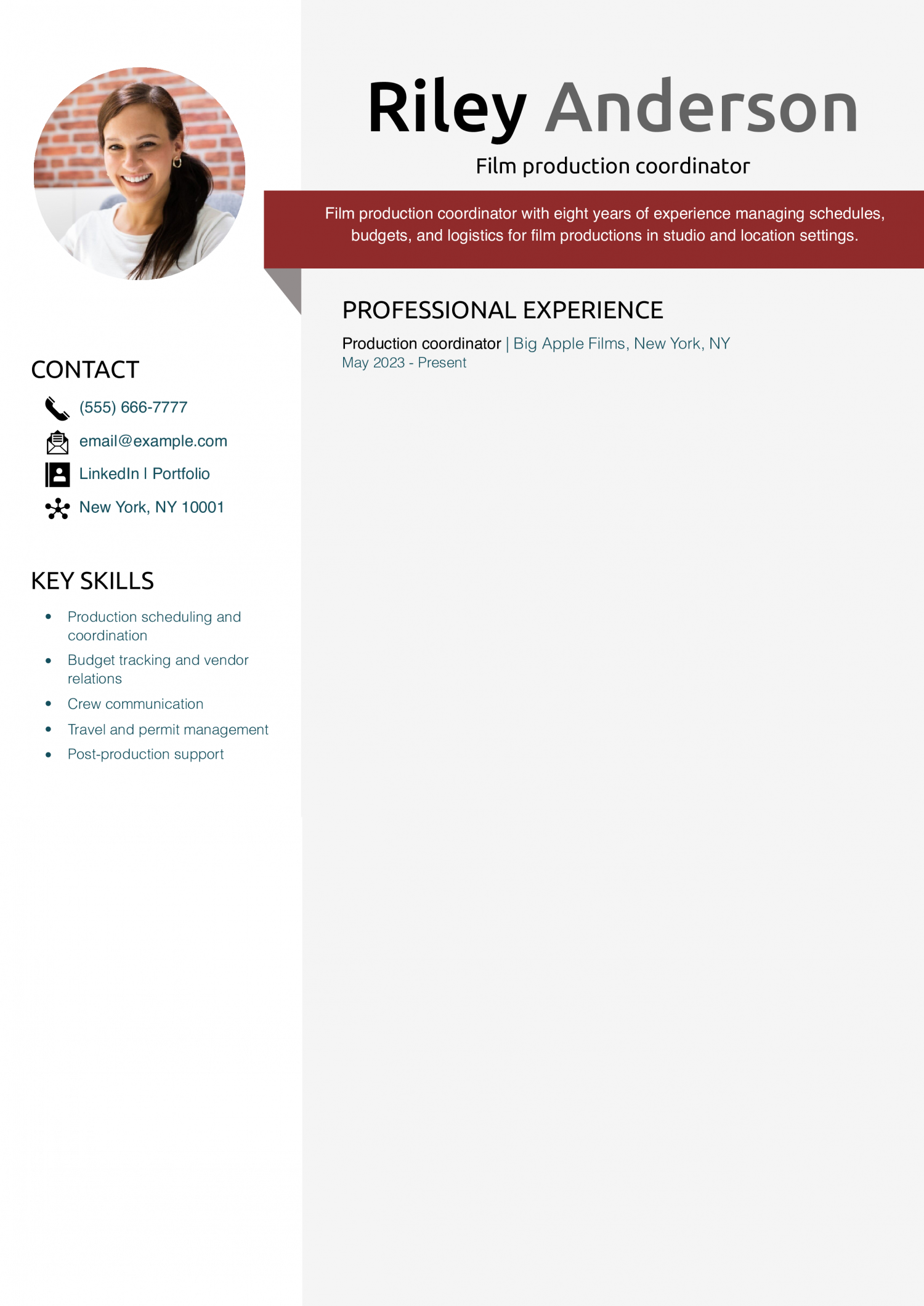 Film production coordinator resume example