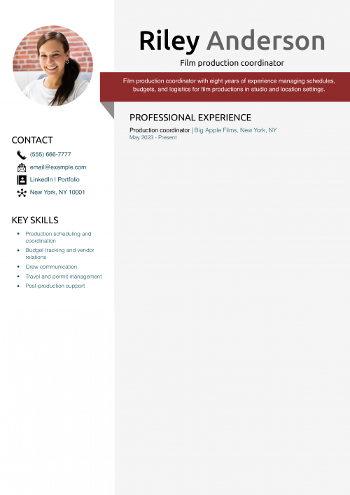Film production coordinator resume example