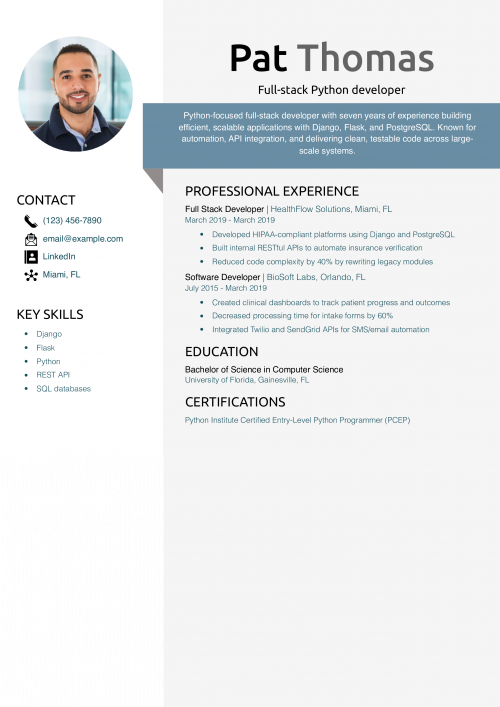 Full-stack Python developer resume example