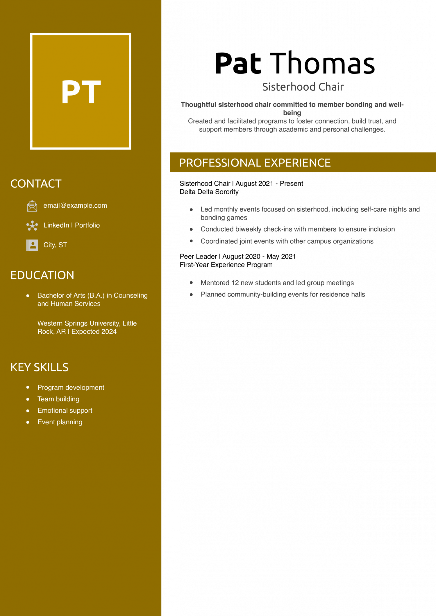 Sisterhood Chair  Resume Example 